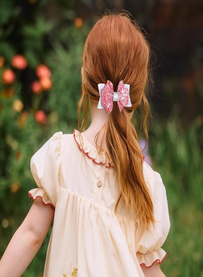 melyde Glitter Hair Bow Clips 3.5 Inch Sweet Hairpins Girls Teens Sparkly Hair Accessories for School Birthday Holiday Party Decor, White&Rose Red - Image 4